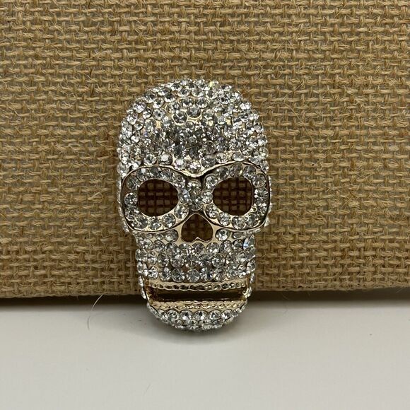 Clear Rhinestones Gold Tone Skull Bling Bling Wrist Buckle W/ Bracelet Strap - Picture 3 of 12